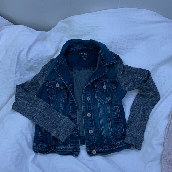 Silver jean jacket with fabric arms! - Picture 1 of 3